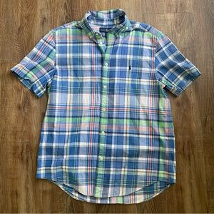 Ralph Lauren  Boys Blue and Green Casual Button Down Short Sleeve Shirt XL 18-20